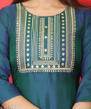 Green Art Silk, three-quarter sleeve embroidered kurti for women. Embroidered combo on display