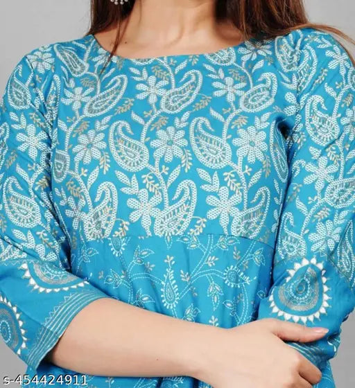Rayon printed net three-quarter sleeve kurta, Indian ethnic wear for women