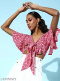 Pink crepe floral crop top, high-quality party wear for women