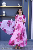 Purple floral print Georgette gown for women, stylish and trendy ethnic or casual wear, perfect for parties or weddings. Indian origin." (125 characters)