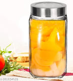 Transparent glass jar set, ideal for kitchen storage of achar, pickle, dry fruits, masala, and grains. Set of 6 features silver see-through lids and airtight seals