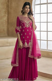 Ethnic motifs embroidered sequinned scalloped kurti with sharara & dupatta. Indian georgette fabric three-quarter sleeves. Single size S-XXL