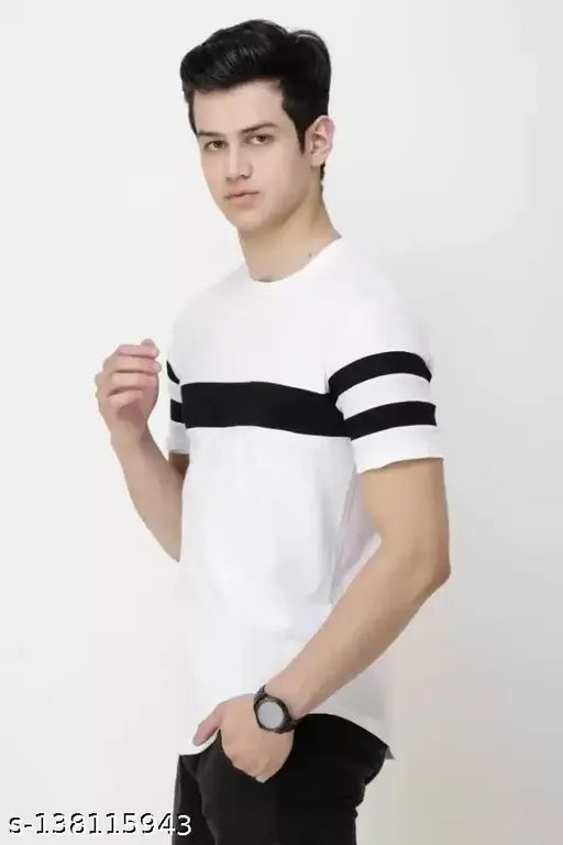 White/Black striped men's round neck cotton blend t-shirt, perfect for casual wear