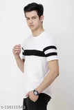 White/Black striped men's round neck cotton blend t-shirt, perfect for casual wear