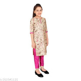 Chanderi cotton blend printed kurti and trousers set for girls, Indian A-line style with three-quarter sleeves