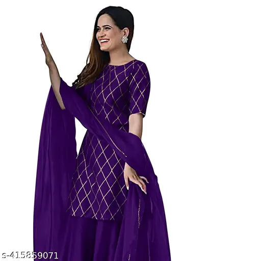 Diwali2024 Special Rayon Foil Printed Purple Kurta Set with Sharara and Dupatta, festive outfit for women from India's premium collection