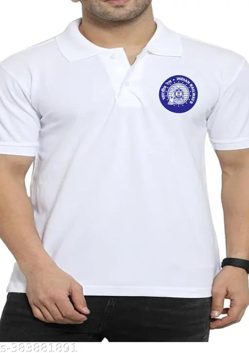 White polycotton polo shirt with Indian Railways front logo print, short sleeves, M-XXXL sizes