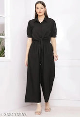 Trendy crepe short-sleeve Jumsuits with shirts, women's solid-pattern partywear from India