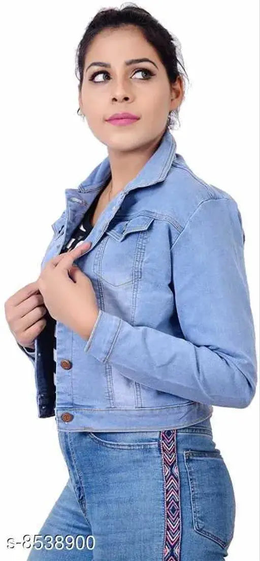 White denim full-sleeve women's jacket by Allen Ville, dyed/washed design, size L (38in bust, 20in length)