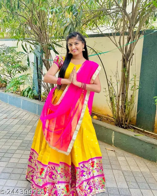 Chiffon and net, embroidered half saree set (39in waist, 41in length). Indian-made, unstitched blouse with woven design, lace edges, belt included