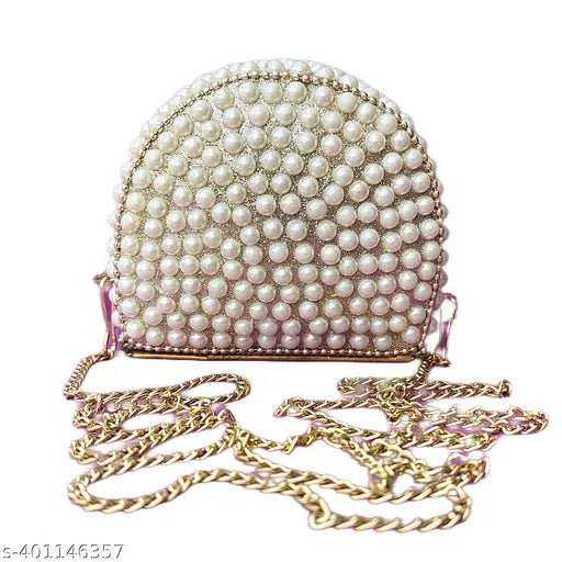Embellished PU Mini Pearl Bag clutch, single compartment, free size, 9x9cm, India-origin best quality pearl material