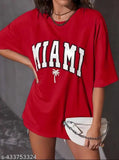 Red cotton blend printed oversized T-shirt for women, half sleeves and loose fit