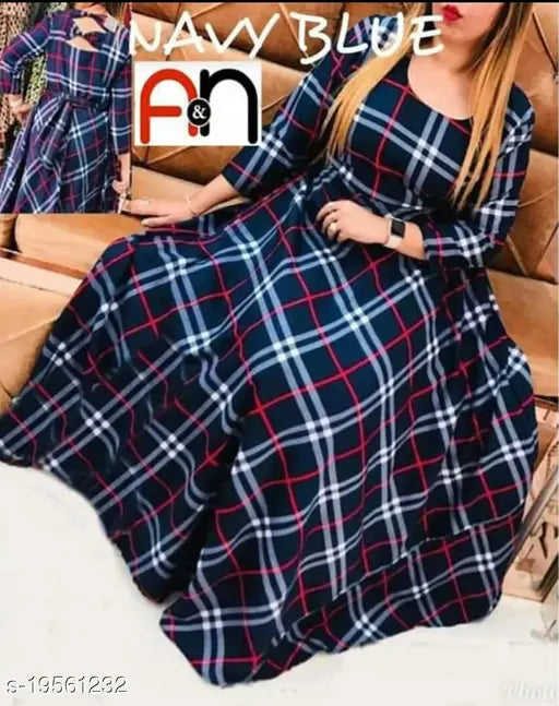 Blue check print crepe gown, three-quarter sleeves, vibrant pattern for women's fashion, India origin