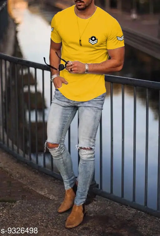 Trendy yellow cotton army patch t-shirt, short sleeves, printed net design, size S-XXL. T-shirt on hanger in production setting