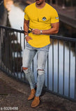Trendy yellow cotton army patch t-shirt, short sleeves, printed net design, size S-XXL. T-shirt on hanger in production setting