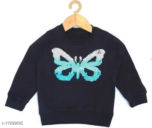 Black cotton blend girls' sweatshirts & hoodie - embroidered net pattern, long sleeves, 2-3 years size (bust: 24in, length: 14in), made in India