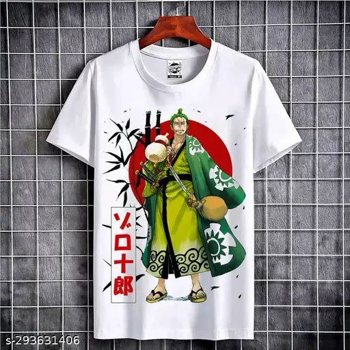 White polyester Roronoa Zoro round neck half sleeve regular/casual wear unisex t-shirt with printed design