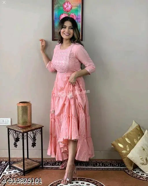 Pink cotton three-quarter sleeve Luricus gown, single solid design from India. Lite weight premium women's wear. Women's fashion, best Luricus kurti