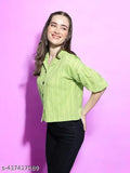 Striped cotton crop shirt with half sleeves, premium women's fashion from India