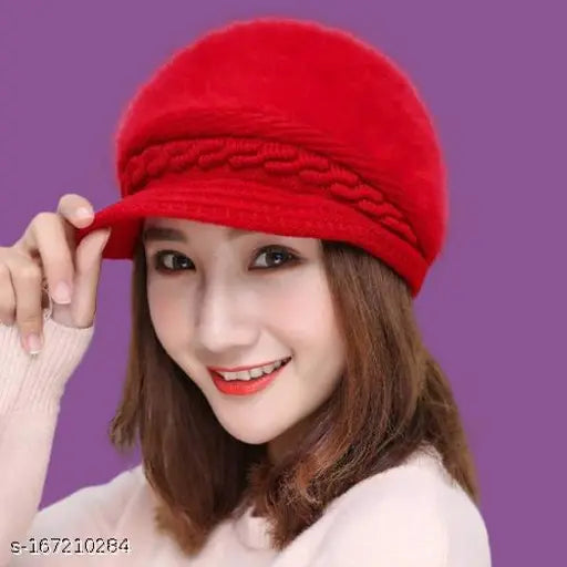 Warm, breathable woolen beanie cap with fur lining & visor for women, perfect for cold winters, easy to match, hand-wash only