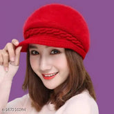 Warm, breathable woolen beanie cap with fur lining & visor for women, perfect for cold winters, easy to match, hand-wash only