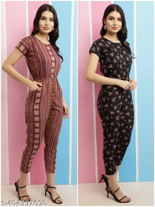 Printed Rayon combo jumpsuit for women & girls, vibrant pattern on short-sleeved design. Sizes S, M, L (S: 28in/48in/28in/28in; M: 30in/49in/30in/30in; L: 32in/50in/32in/32in). Made in India