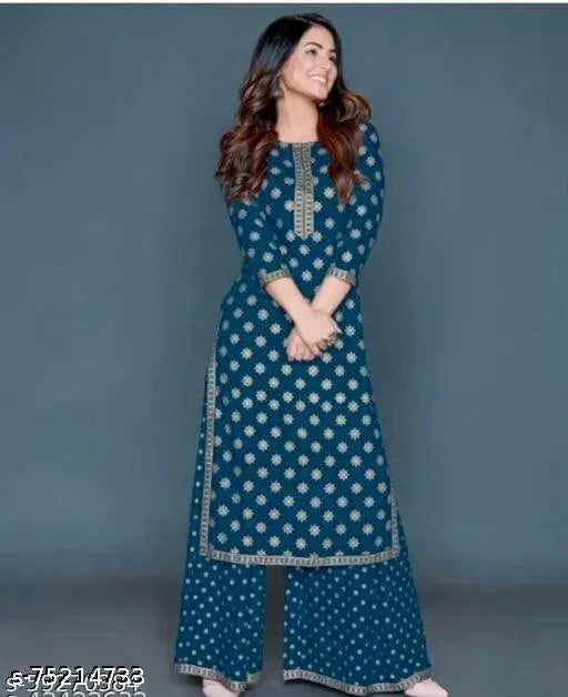 Heena Khan rayon kurti with plazzos, vibrant printed design for ladies, three-quarter sleeves