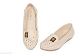 Premium synthetic cream slip-on loafers for women's casual and formal wear, exquisite embellished design with breathable soft material and flexible footbed
