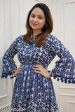 Women's rayon Anarkali kurti with pom pom work, long sleeves, printed pattern, available in multiple sizes (M-XXXXL)
