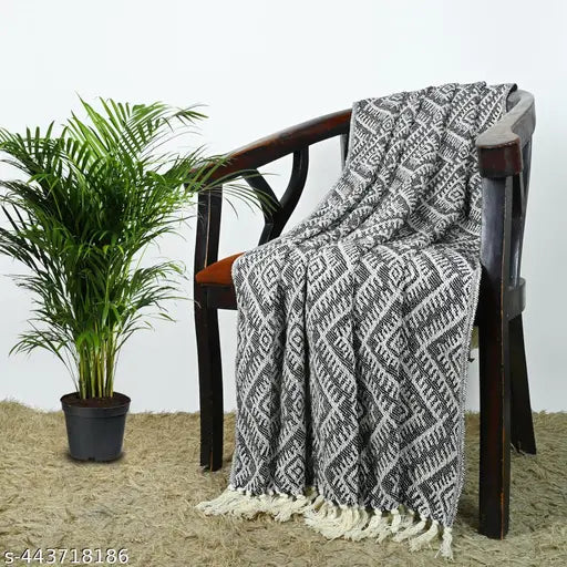 Grey plush 100% cotton throw blanket, warm & cozy single layer perfect for couch, bed, or sofa chair