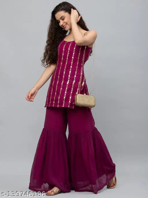 Georgette stitched kurta with sharara, embroidered net, sleeveless, single piece in georgette fabric. Fox sequence work on top, max bust size 52
