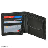 Black leather men's wallet, 2 compartments, solid pattern, free size (12cm x 8cm), Indian origin