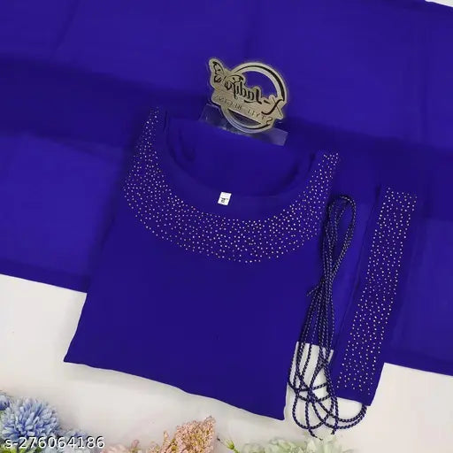 Designer navy blue Georgette gown for women with long sleeves, waist belt, and fox Georgette dupatta – formal wear on display