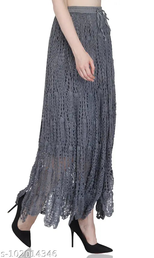 Grey acrylic solid-pattern long skirt for women, sizes vary from XS to XXXL (26 - waist 12in, length 32in; 28 - waist 12in, length 32in; 30 - waist 13in, length 33in; 32 - waist 13in, length 33in; 34 - waist 14in, length 34in; 36 - waist 15in, length 34in; 38 - waist 15in, length 36in). Indian-made ladies skirt on display