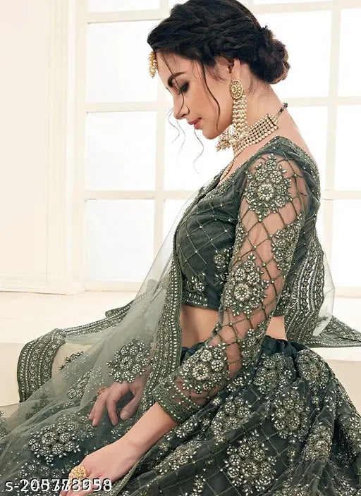 Embroidered net lehenga choli & dupatta for wedding wear, intricate Indian embroidery on semi-stitched ensemble