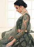 Embroidered net lehenga choli & dupatta for wedding wear, intricate Indian embroidery on semi-stitched ensemble