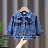 Denim blue jacket for kids, solid pattern, long sleeves, size: 2-3 years