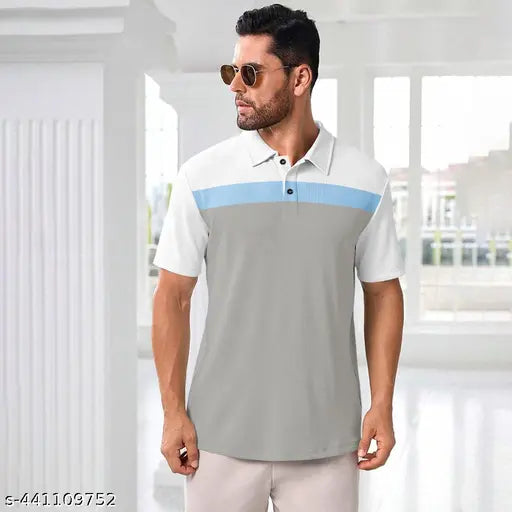 White cotton blend colorblock polo neck t-shirt, half sleeves, men's regular fit