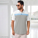 White cotton blend colorblock polo neck t-shirt, half sleeves, men's regular fit