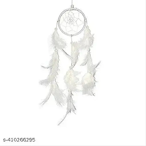 Handmade white dream catcher for home decor, artfully crafted by Indian women artisans. Ethical conditions, free range feathers, promoting positivity and happiness. Height 30 cm approx, suitable for bedrooms, living room, balcony or kids room