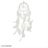 Handmade white dream catcher for home decor, artfully crafted by Indian women artisans. Ethical conditions, free range feathers, promoting positivity and happiness. Height 30 cm approx, suitable for bedrooms, living room, balcony or kids room
