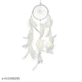Handmade white dream catcher for home decor, artfully crafted by Indian women artisans. Ethical conditions, free range feathers, promoting positivity and happiness. Height 30 cm approx, suitable for bedrooms, living room, balcony or kids room
