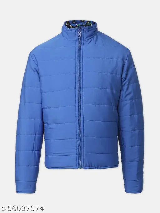 Blue floral print girls jacket, polyester material, reversible quilted design with long sleeves and pockets, Tail of glory brand, size 5-6 years