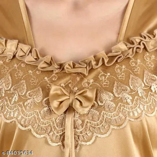 Gold satin self-design pyjama suite for women, solid pattern with short sleeves, made in India