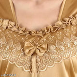 Gold satin self-design pyjama suite for women, solid pattern with short sleeves, made in India