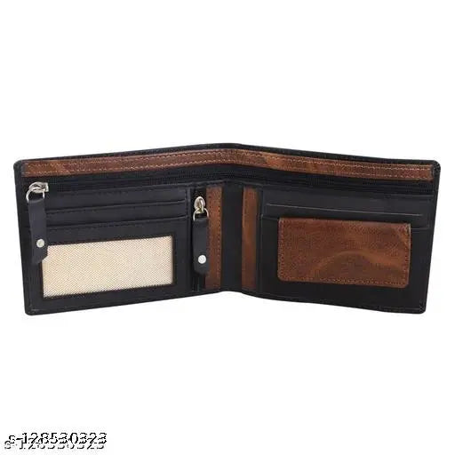 Stylish black faux leather wallet with 2 compartments and striped pattern, ideal for men's card and money organization