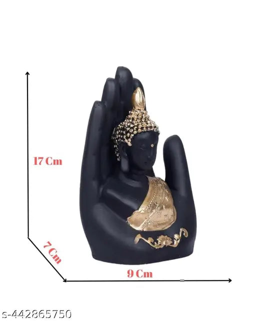 Handcrafted resin Buddha statues, perfect for home decor and gifting. Golden palm Buddha showpiece, ideal for living room or office spaces. Indian-made decorative item