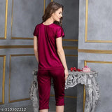 Women's/Girls Wine Satin Capri Set sleepwear - luxury satin top & bottoms for comfortable, chic nightwear