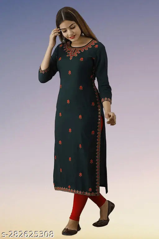 Dark green rayon embroidered kurta with three-quarter sleeves, ideal for Indian fashion