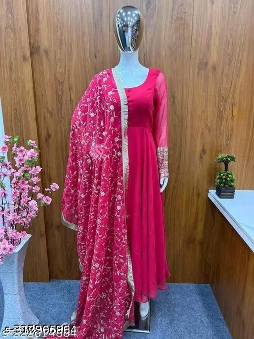 Pure fox Georgette trendy gown with fancy sleeves set, ready to wear, heavy fabric and embroidery detailing, full inner micro cotton, length 53 inches approximately